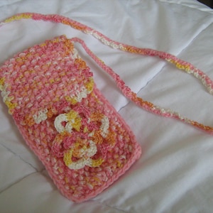 Pink Knit and Crochet Cell Phone Case, Eyeglasses Case, with Neck, Shoulder, or Cross Body Strap. Gift for Her image 1