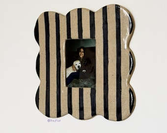 Handmade Ceramic Polaroid Frame – Black Beige Stripe Minimalist Wall Mount Decor Frame - Living Room Modern Wall Decor
