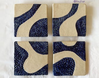 Handmade Ceramic Tiles Wall Art, Deep Blue Textured Ceramic Home Decor Set
