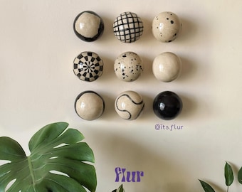 Handmade Ceramic Sphere Wall Art, Black and White Orbs Mural (9 Piece)