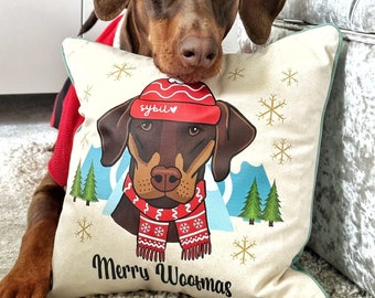 Personalised Merry Woofmas Christmas cushion,  Dog Lover Gift, dog breed cushion, dog lover gift , dog mum gift , Christmas decoration,