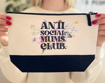 Anti Social Mums Club vintage floral Makeup Bag, Anti social moms Mum life Slogan Makeup Bag, funny Mothers day gift, birthday gift for her,