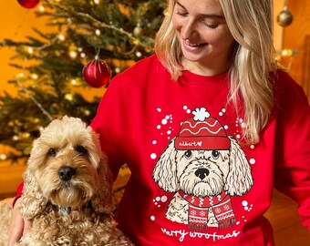 Suéter navideño personalizado Merry Woofmas para perros, suéter navideño para amantes de los perros, suéter de raza de perro, suéter navideño Cockerpoo.