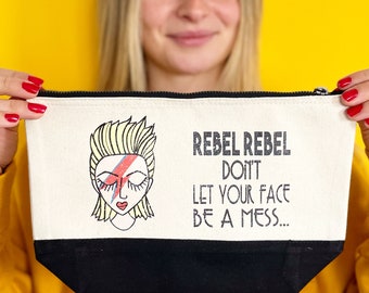 David Bowie Fans Rebel Rebel Vintage Music Make Up Bag Birthday gift for her, Slogan Bowie Tribute Travel Bag , gift for friend, music lover