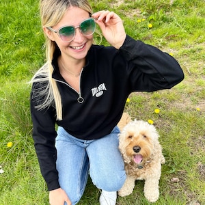 Dog mum club half zip sweatshirt, Dog lover birthday gift for her, black slogan fashion top, dog walking quarter zip up sweatshirt top