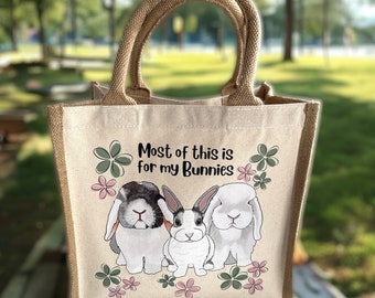 Personalised Floral Bunny Mum Jute Tote Bag, rabbit lover birthday gift, mothers day gift for her, custom jute shopper with rabbit on