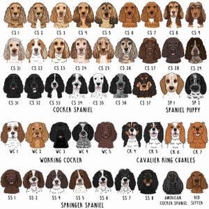 Op de afbeelding: Een verzameling illustraties van hondenrassen, waaronder Cocker Spaniels, Working Cockers, Cavalier King Charles, Springer Spaniels en een Red Setter. Elke afbeelding is gelabeld met codes zoals "CS 1" en "SS 2", die verschillende vachtkleuren tonen.