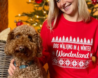 Dog walking in a winter wonderland Christmas jumper, funny ugly Christmas jumper, dog lover dog mum slogan jumper, Sydandco