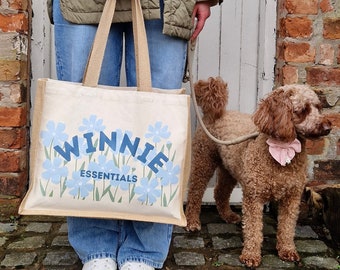 Personalised Dog Mum Floral Jute Bag, Birthday Gift For Her, Dog lover Gift, New Puppy Gift, Floral Shopper Tote, Custom Mother's Day Gift