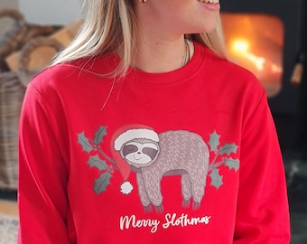 Merry Slothmas Christmas Jumper, Ugly jumper, Christmas jumper day, sloth Sweatshirt, Christmas Jumpers, Red Xmas Jumper