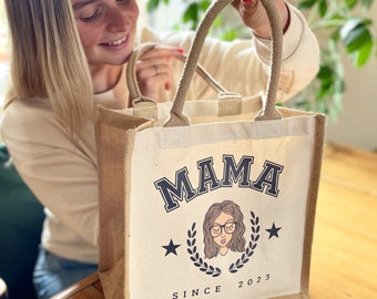 Personalizzato Mama Mothers Day Jute Tote Bag Regalo per lei, Regalo di compleanno per la mamma, Regalo personalizzato per la nonna, Nuovo regalo per la mamma, Regalo per la zia