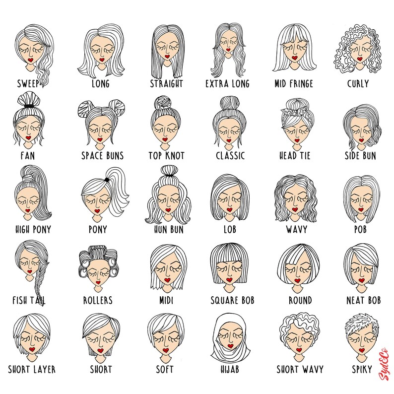 Op de afbeelding: Een zwart-wit illustratie met verschillende kapsels, elk gelabeld met een beschrijvende term. Stijlen zijn onder meer "Sweep", "Long", "Straight", "Extra Long", "Mid Fringe" en "Curly". Andere stijlen zijn "Fan", "Space Buns", "Top Knot" en "Classic".