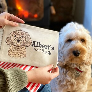 May include: A white canvas treat bag with a brown dog illustration and the text "Albert's Treat Bag" in black lettering. A paw print is next to the text.
