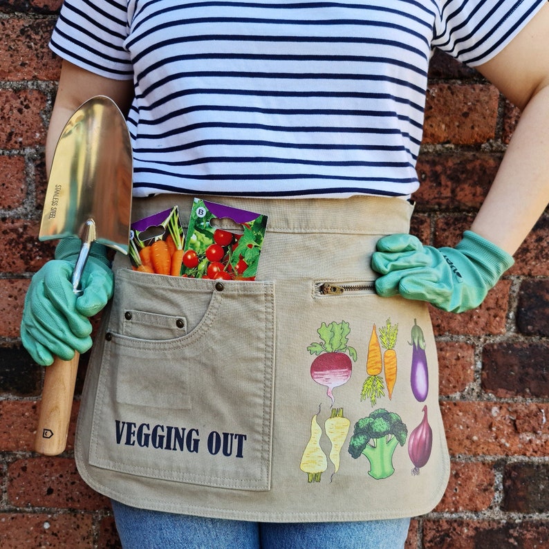 Vegging Out Gardening Apron, Gift for Gardener, Gardening apron for her, mothers day gift, birthday gift idea, gardening gift, gift for her image 1