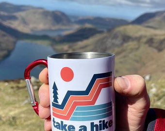 Take a hike enamel mug with carabiner clip handle, fathers day gift for a hiking dad, gift for him, camping mug, adventure lover gift,