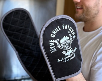 De grill vader grappige slogan bbq-ovenwant, retro barbecuehandschoenen, vaderdagcadeau voor hem, ovenwant met grafische print, verjaardagscadeau vader