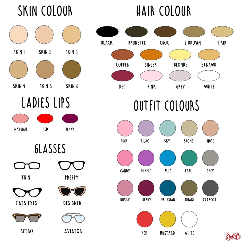 Op de afbeelding: Een witte afbeelding met kleurstalen voor huid-, haar- en outfitkleuren, evenals lipkleuren en brillenstijlen. Tekst omvat "Skin Colour", "Hair Colour", "Ladies Lips", "Outfit Colours" en "Glasses".