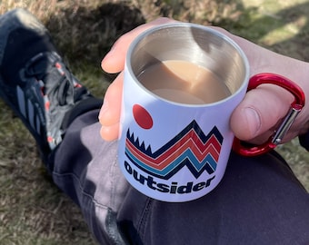 Outsider enamel mug with carabiner clip handle, fathers day gift for a hiking dad, gift for him, camping mug, adventure lover gift,