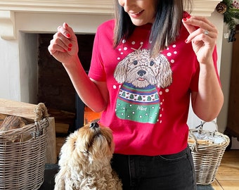 Personalised Christmas t-shirt with my dog on, Funny Ugly Christmas t-shirt, Custom pet Organic t-shirt, ugly Christmas dog breed t shirt