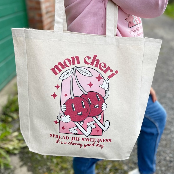 Mon cheri Slogan tote, Retro cherry tote bag, Retro cherry art, cherry illustration, cotton canvas shopper bag, vintage style gift for her