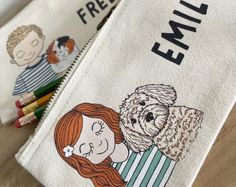 Personalised back to school pencil case for girl or boy with their pet dog, custom dog pencil case, birthday gift for her. Gift for grandkid