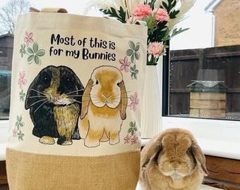 Personalised Floral Bunny Mum Jute Shopper Tote Bag, rabbit lover birthday gift for her, mothers day gift, custom shopper with rabbit on