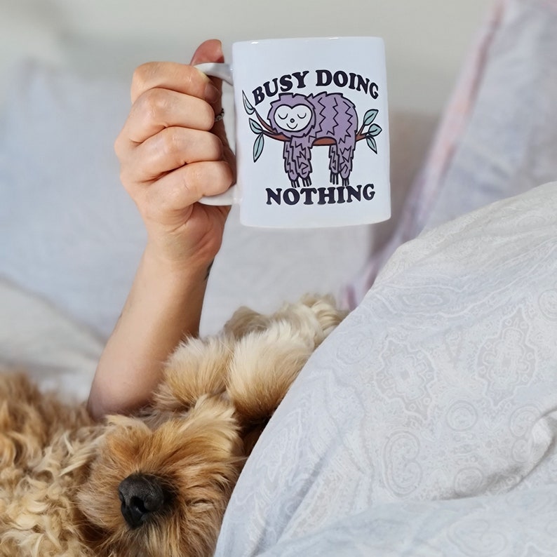 Busy Doing Nothing Sloth illustration Mug, Sloth design gift, gift for sloth lovers, inspirational quote, sloth design birthday gift, image 1