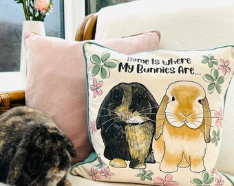 Personalised bunny cushion, rabbit lover birthday gift for her, custom pillow with rabbit on, bunny mum gift, rabbit illustration pillow