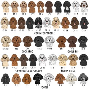 Op de afbeelding: Een verzameling ge&iuml;llustreerde hondenportretten, waaronder Cockapoos, Poodle Pups, Bichon Frise en Cavapoos. Elke hond heeft een unieke kleur en stijl, met tekstlabels zoals "Apricot", "Red" en "Black".