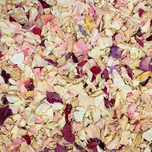 Op de afbeelding: Een close-up van een stapel gedroogde rozenblaadjes in verschillende tinten roze, wit en paars. De blaadjes zijn perfect om te strooien tijdens bruiloften of andere speciale gelegenheden.