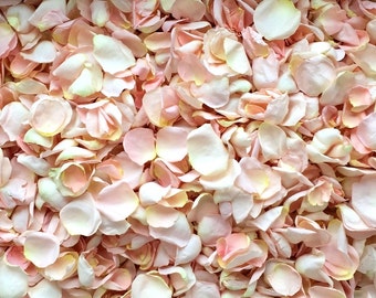以下が含まれることがあります： 薄いピンクと白のバラの花びらの山をクローズアップした画像。花びらは柔らかく繊細で、テーブルや床に散らしてロマンチックな機会に最適です。