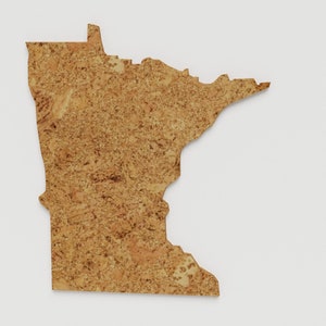 May include: A corkboard map of the state of Minnesota. The map is shaped like the state and is made of cork.
