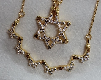 Yellow Gold CZ Butterfly Jewish Star of David Pull Apart Necklace