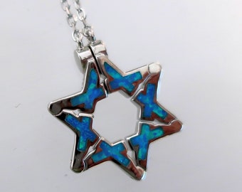 Blue Opal Star of David Butterfly Necklace, Opal Jewish Star Necklace, Pull Apart Butterfly necklace