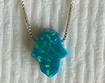 Colar Hamsa escuro azul opala oceano, colar Hamsa, colar opala escura azul oceano, colar esterlina com opala, mão de Fátima