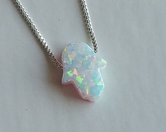 Colar Hamsa de Opala Branca, Colar Hamsa, Colar de Opala, Sterling com colar de Opala, Mão de Fátima