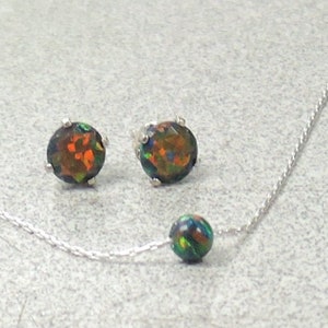 Black Opal 6mm faceted stud earrings in Sterling Silver matching dot single bead Black opal necklace, opal earring necklace set