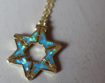 Blue Opal Star of David Butterfly Pull Apart Necklace on Gold