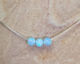 Blue Opal necklace with three beads on a sterling silver chain necklace,simple and chic opal ball necklace, opal jewelry