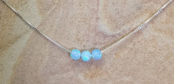 Blue Opal necklace with three beads on a sterling silver chain necklace,simple and chic opal ball necklace, opal jewelry