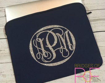 Glitter Monogrammed Neoprene Laptop Sleeve - Navy