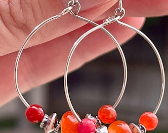 Colorful Orange Beaded Hoop Earrings