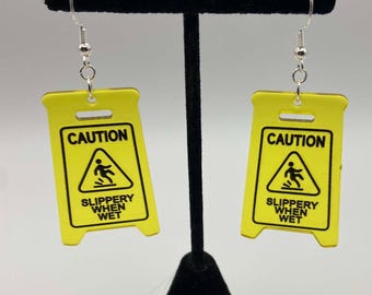 Slippery When Wet Floor Sign Earrings