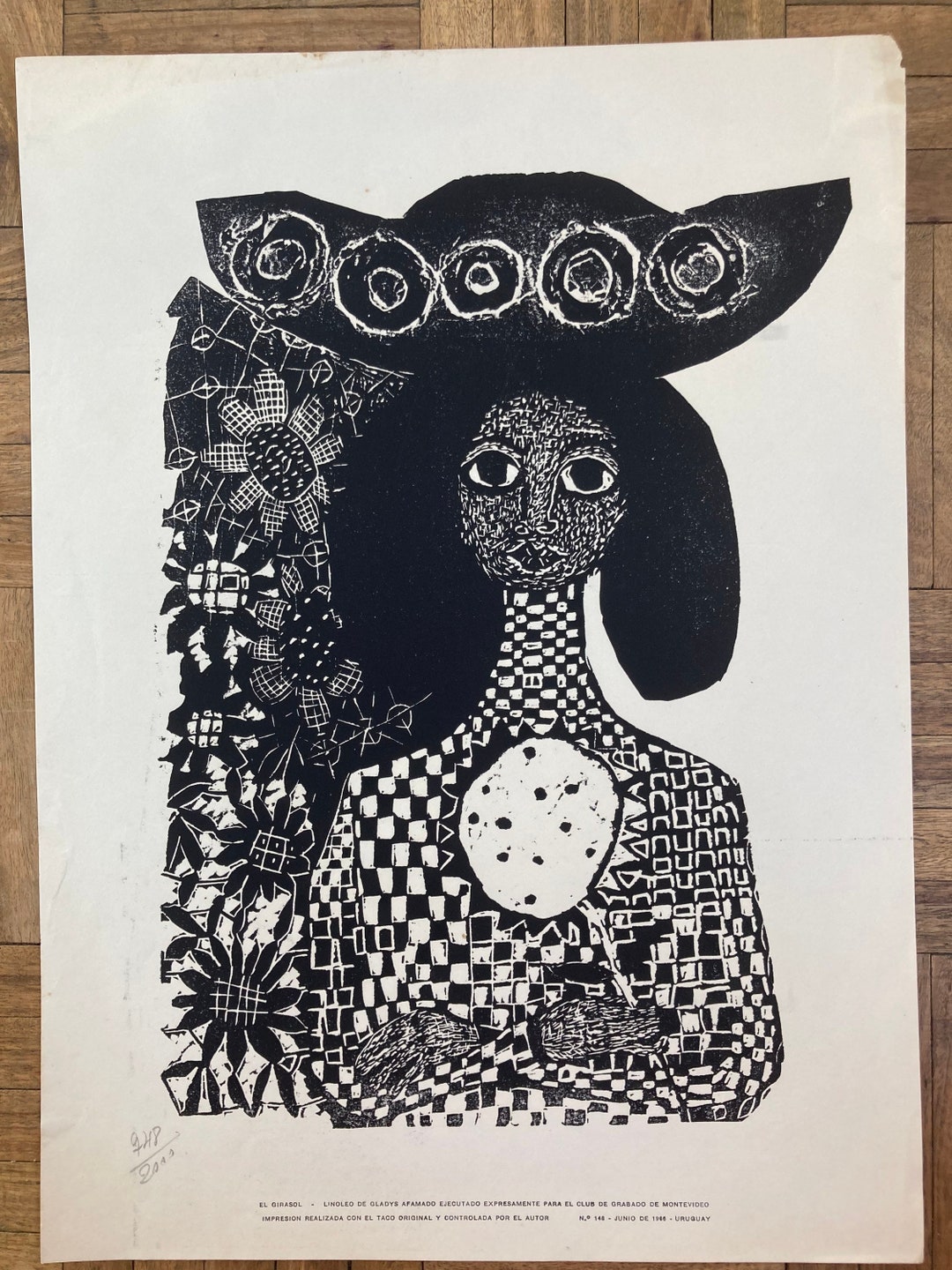 Linocut, Linoleum Engraving by Gladys Afamado, 1966 Club De Grabado De