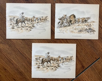 Castells Capurro's 3 vintage postcards - Watercolors of gaucho matters. - Uruguay