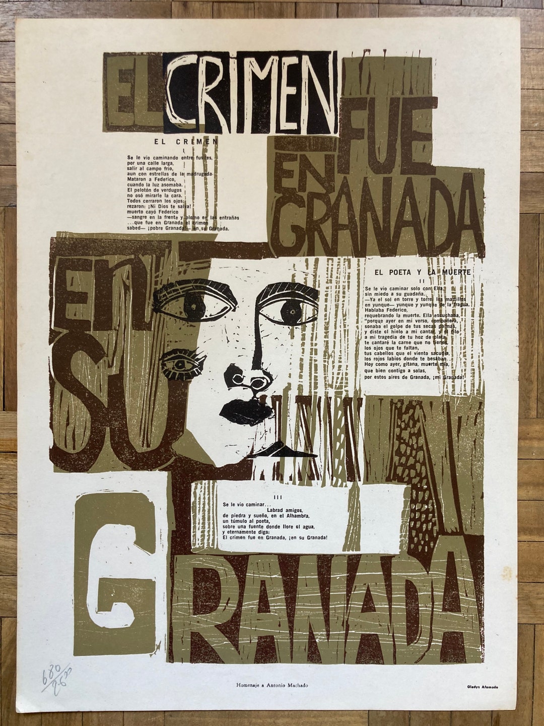 Linoleum Engraving by Gladys Afamado, 1969 Club De Grabado De