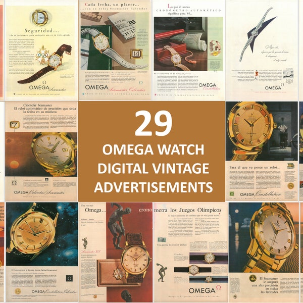 Instant Download - Set of 29 PDF "Omega" watches, vintage ads from 1950s - Written in Spanish