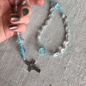 Pocket Sized Anglican Chaplet with Sterling Silver Cross and Aquamarine beads
