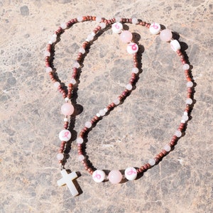 Rose Quartz Breast Cancer pink ribbon Necklace rosary
