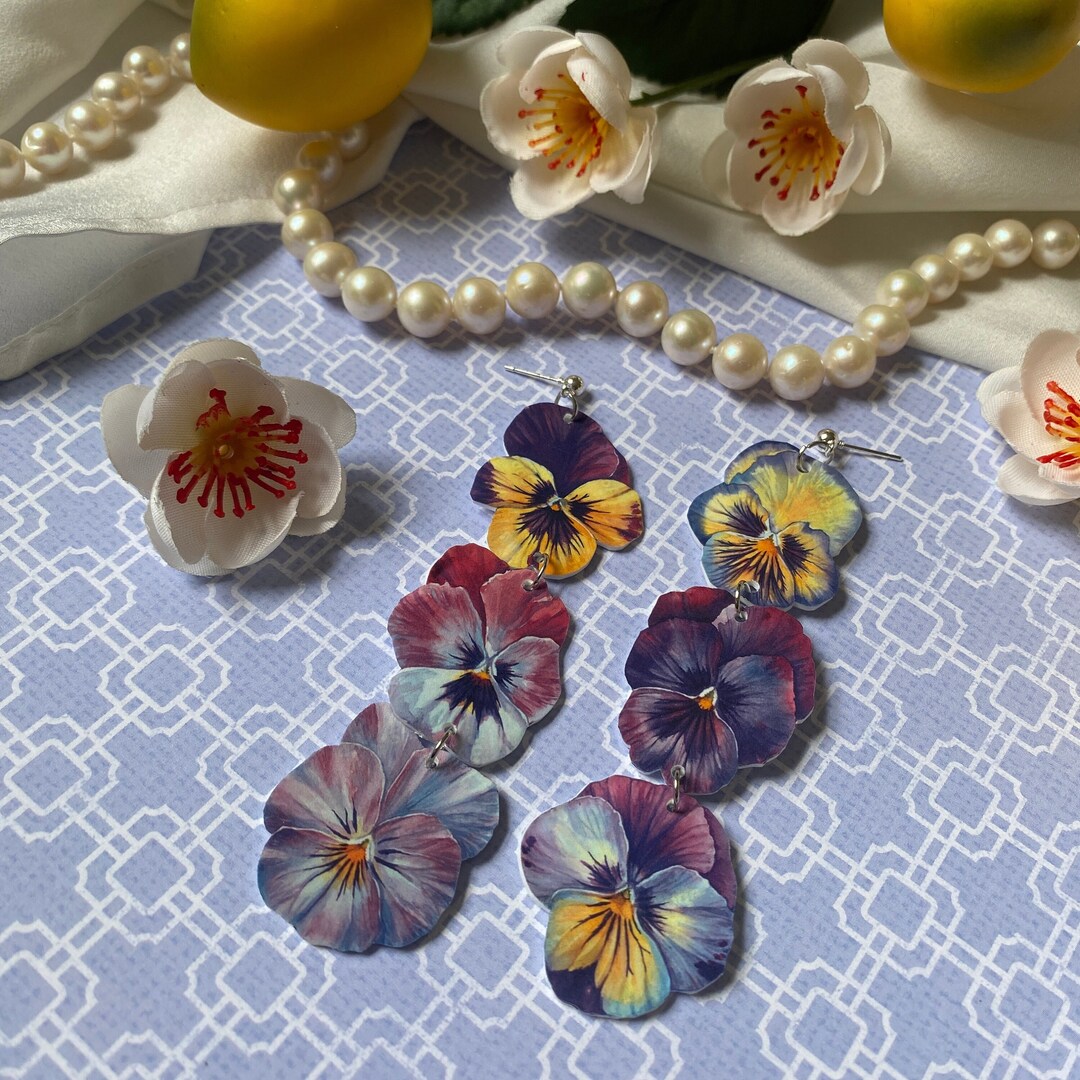 Don't Be a Pansy Dangle Earrings Long, Bright Flowers Etsy